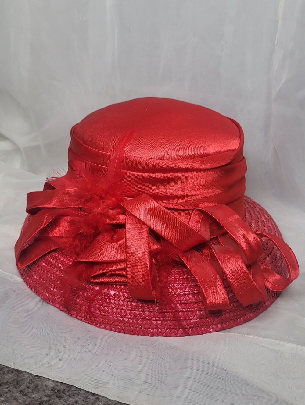 Vibrant Red Satin & Straw Church Hat Kentucky Derby Formal Dress Hat Costume